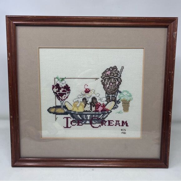 Framed Matted Vintage 1981 Cross stitch Ice Cream Banana Split Sundae 14x13 - Picture 1 of 9